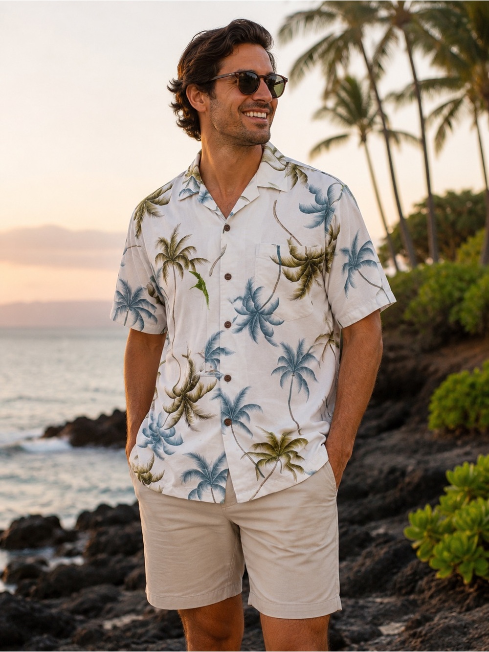 Hawaiian 🌺 Light Blue Hawaiian Reserved Collection With Palm Trees Size XL